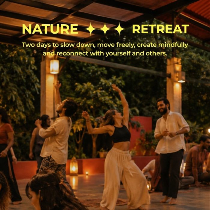 Nature Retreat at Mango Trails: guests dancing under lanterns in the open pavilion